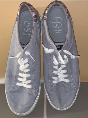 🦋🎯 Cole Haan Gray Canvas Sneakers Plaid Trim Lace Up Comfort Casual Shoes 10